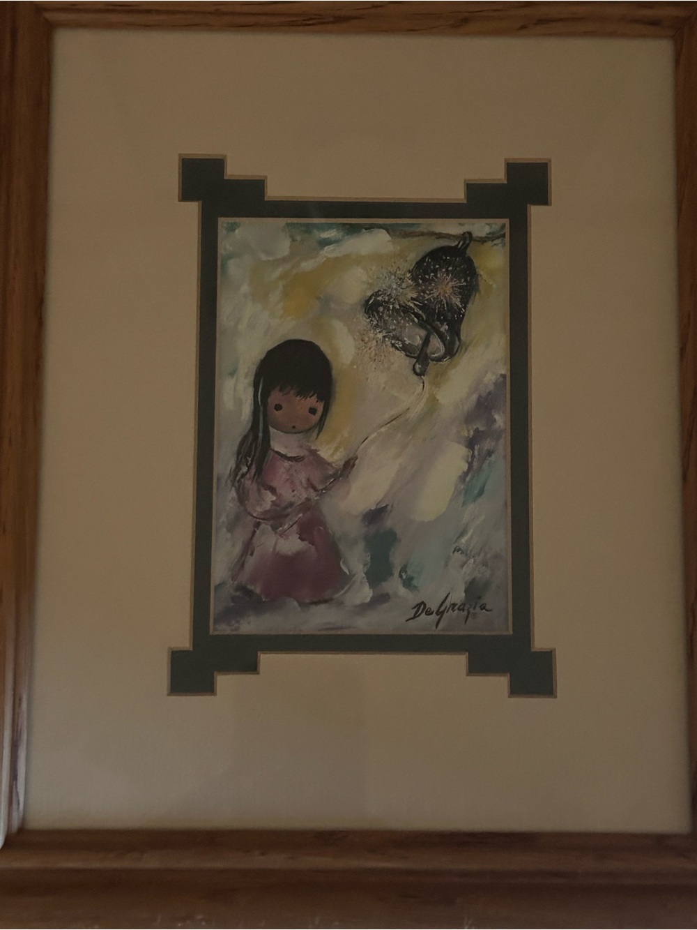 De Grazia Framed Girl & Bell Watercolor Art - Pink, Cream, Teal